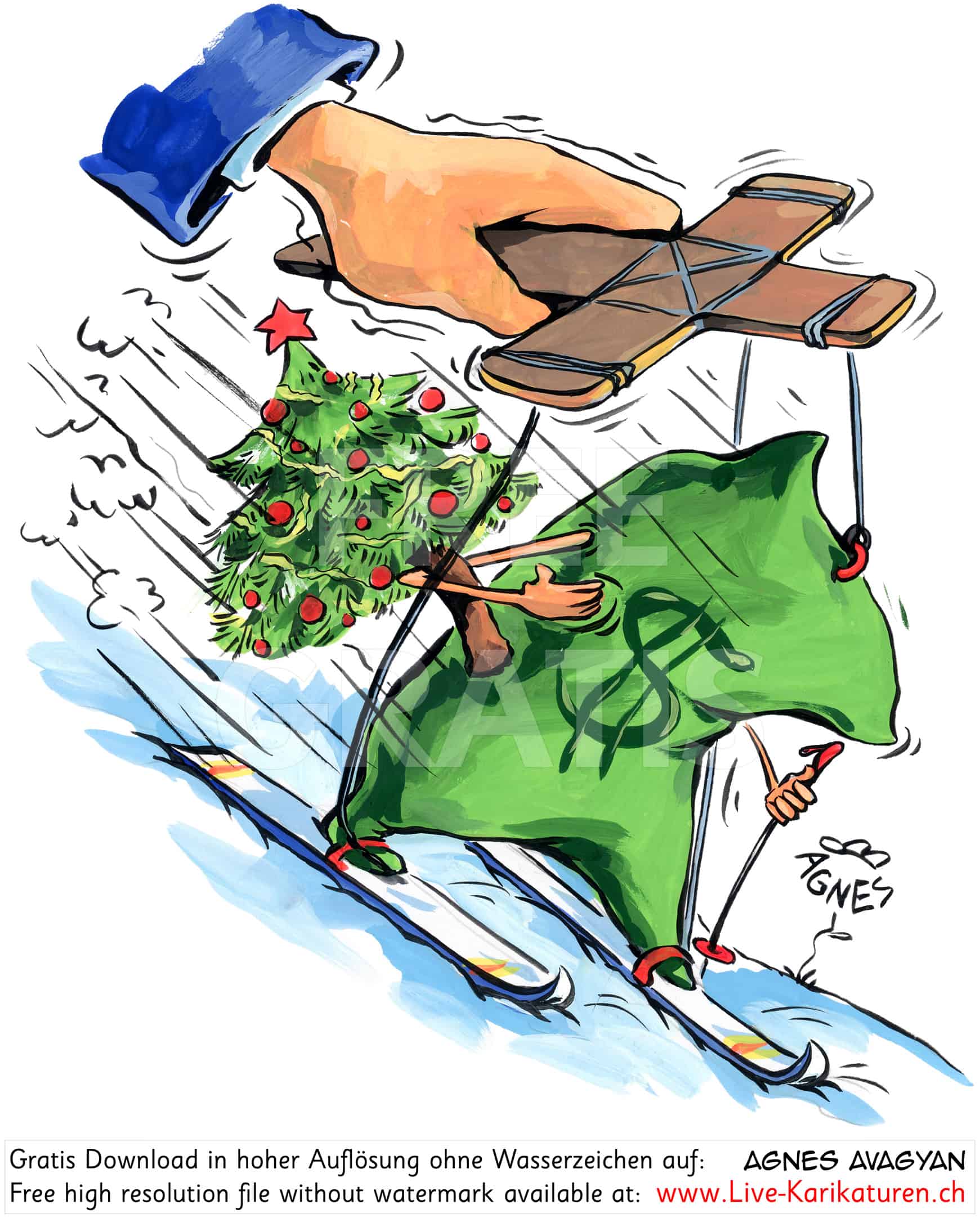 Weihnachten Kommerz Ausverkauf Geldmacherei Kreuz Tannenbaum Ski fahren Dollar Marionette Kapitalismus Hand Schnee Winter Xmas Abzockerei Agnes Live-Karikaturen, Download, kostenlos, Gratisbild, Free image, Clipart, Comic, Cartoon, Illustration, Cartoon, Comic, Karikatur, Clipart, Zeichnung, Bild, Illustration, image, painting, kostenlos, Kunst, Kunsthandwerk, Geschenkidee, Kuenstler, Live Karikaturist, Comiczeichner, Armenian Artist from Yerevan